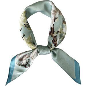 Silk Feel 03 Green Floral Edge Satin Square Head Scarf for Women Medium 28 Inch